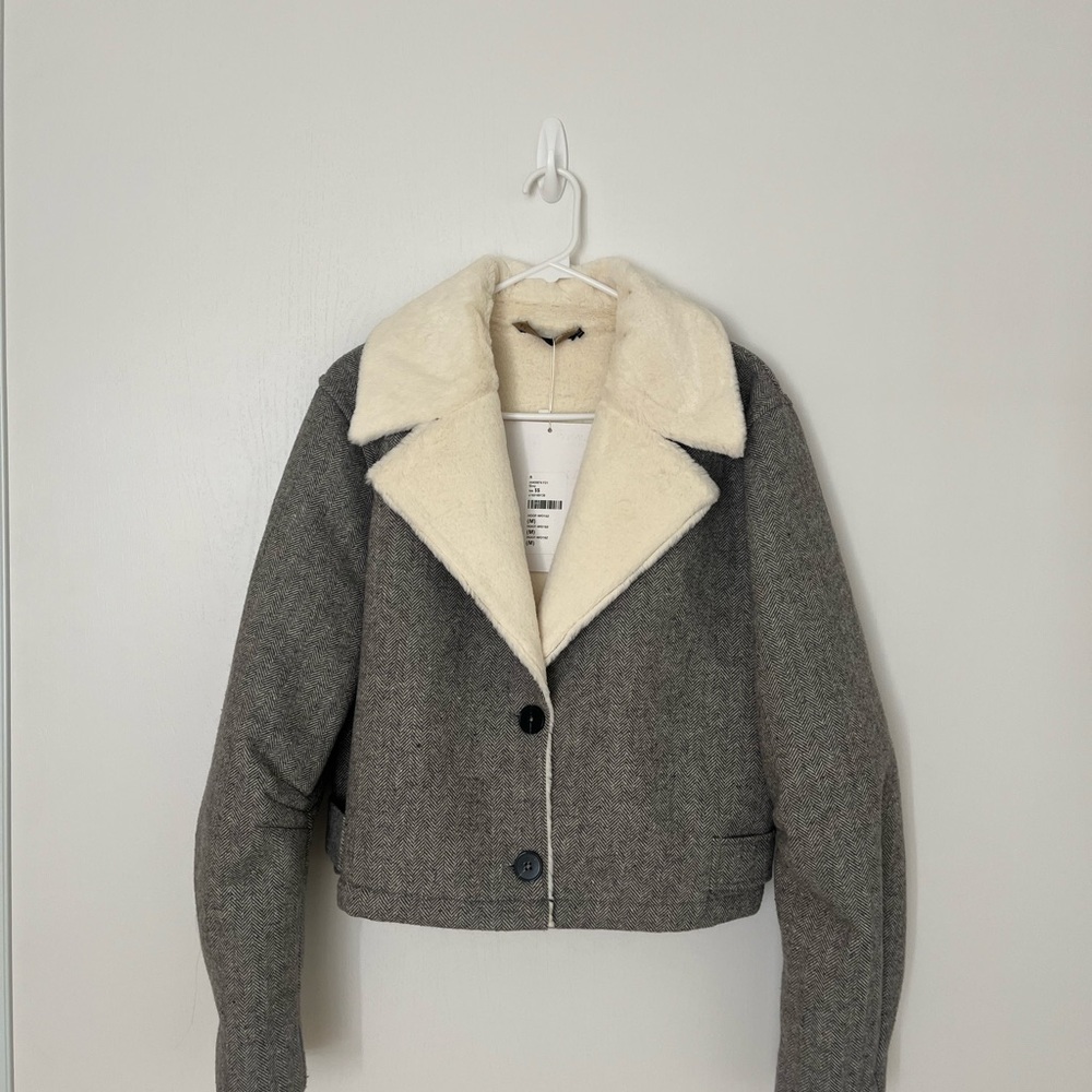 House of Harlow 1960 Teddy Jacket Cropped in Gray and Cream